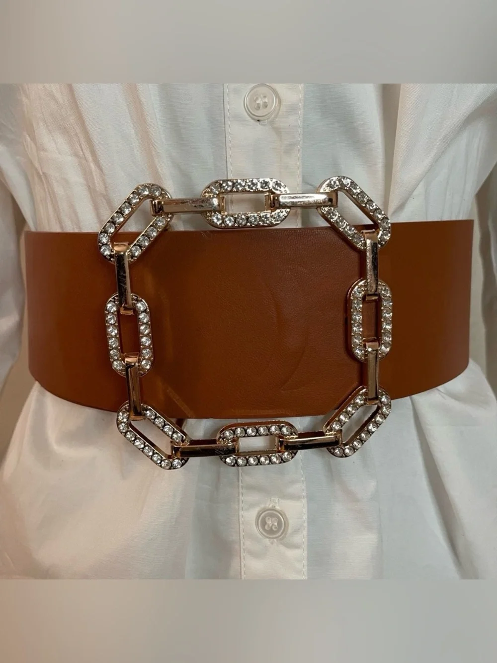 Plus size brown PU leather square gold tone buckle with rhinestones wide belt